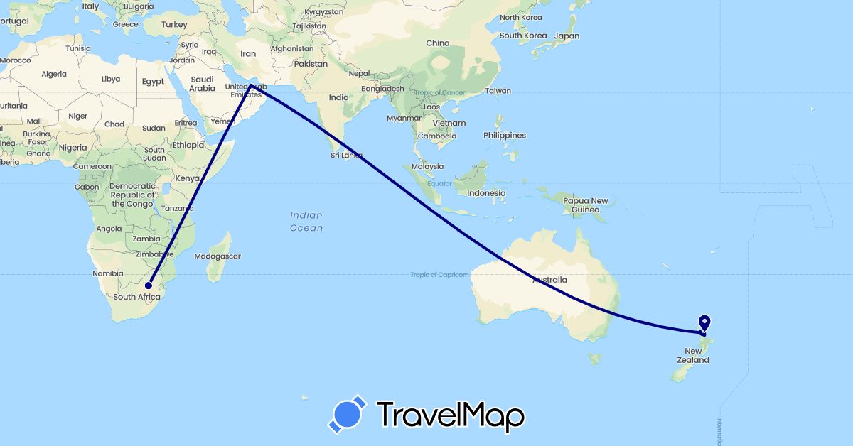 TravelMap itinerary: driving in United Arab Emirates, New Zealand, South Africa (Africa, Asia, Oceania)